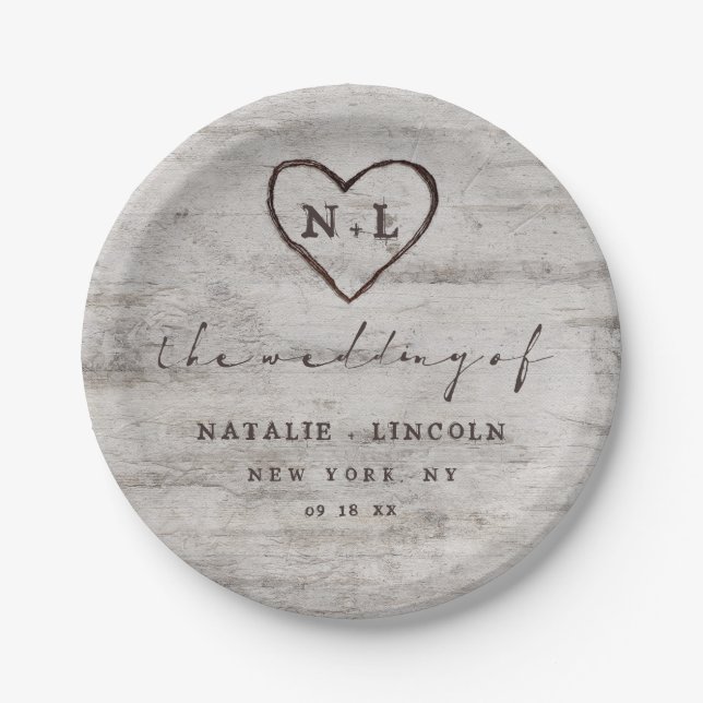 Carved Sweethearts Rustic Birch Wedding Monogram Paper Plate (Front)