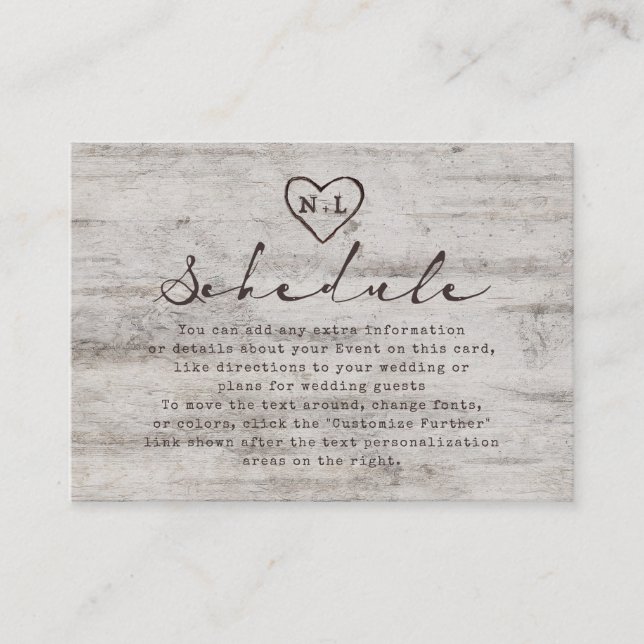 Carved Sweethearts Rustic Birch Wedding Schedule Enclosure Card (Front)
