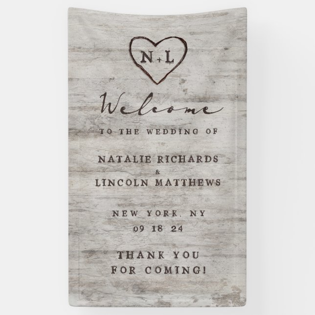 Carved Sweethearts Rustic Birch Wedding Welcome Banner (Vertical)