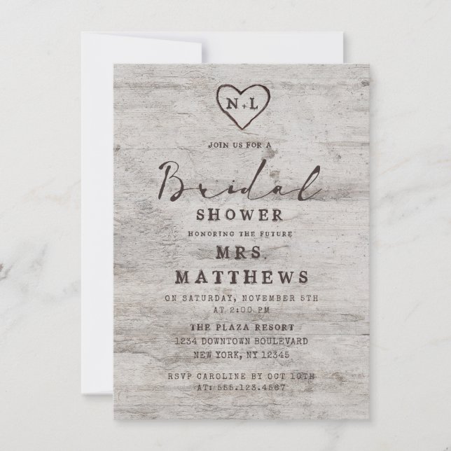 Carved Sweethearts Rustic Birch Wood Bridal Shower Invitation (Front)
