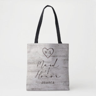 Carved Sweethearts Rustic Birch Wood Maid of Honou Tote Bag