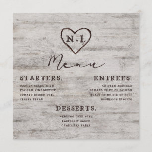 Carved Sweethearts Rustic Birch Wood Square Dinner Menu