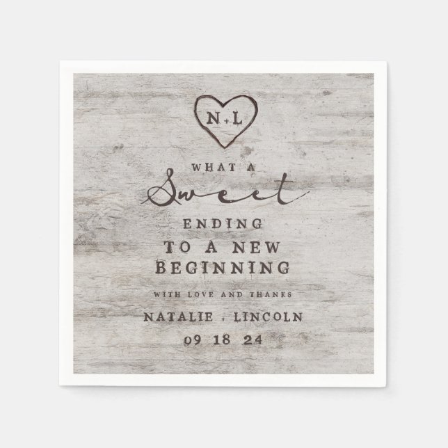 Carved Sweethearts Rustic Birch Wood Sweet Ending Napkin (Front)