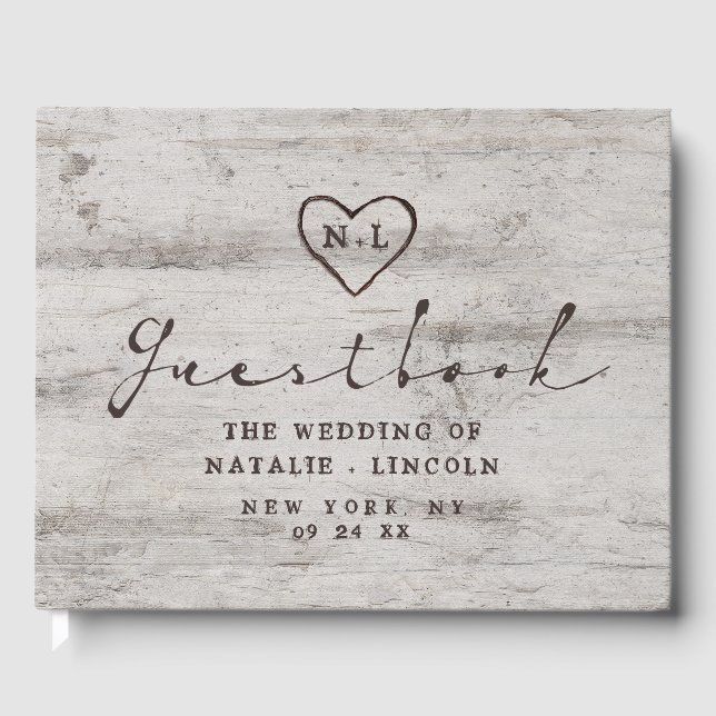 Carved Sweethearts Rustic Birch Wood Tree Wedding Guest Book (Front)