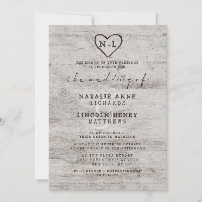 Carved Sweethearts Rustic Birch Wood Tree Wedding Invitation (Front)