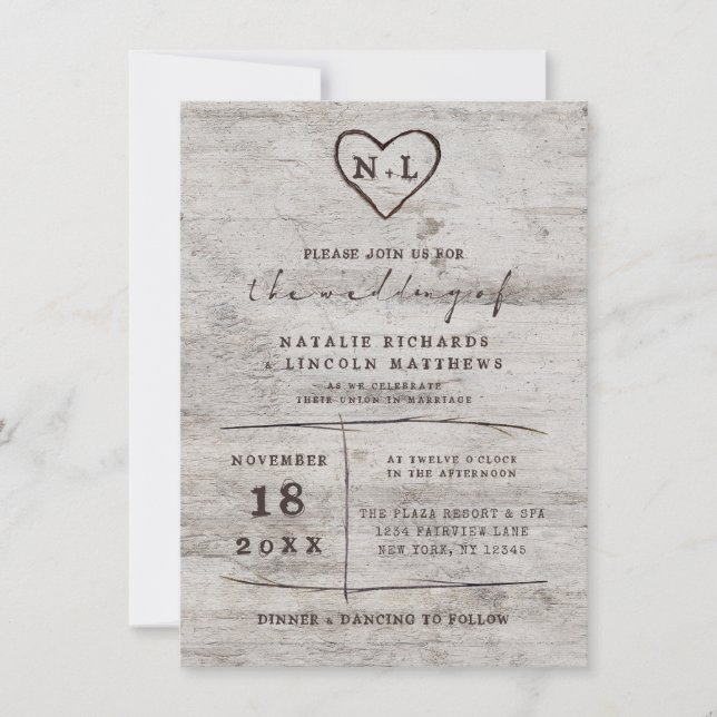 Carved Sweethearts Rustic Birch Wood Wedding Invitation (Front)