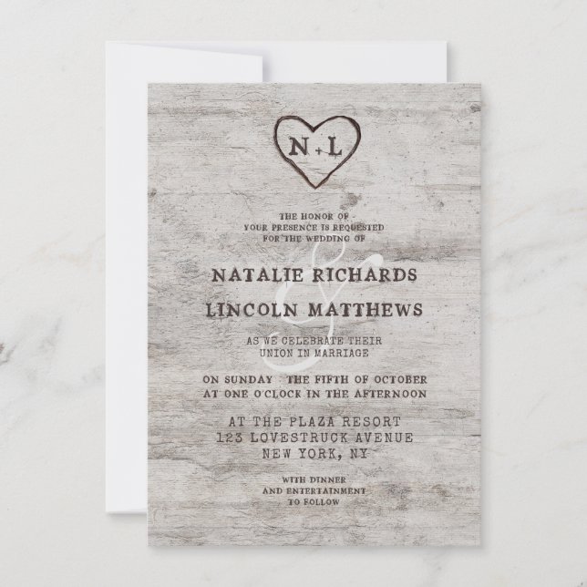 Carved Sweethearts Rustic Birch Wood Wedding Invitation (Front)