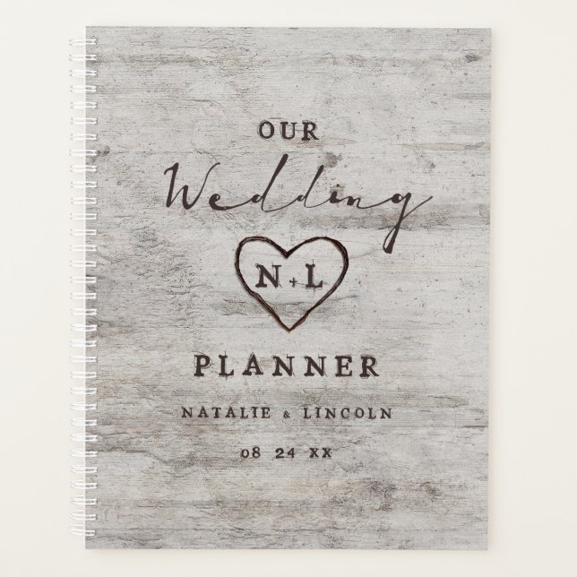 Carved Sweethearts Rustic Birch Wood Wedding Plans Planner (Front)