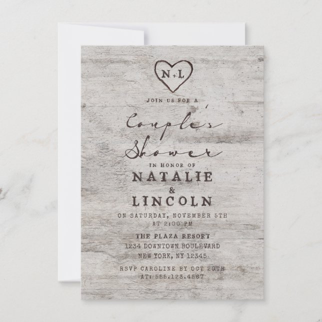 Carved Sweethearts Rustic Couple's Wedding Shower Invitation (Front)