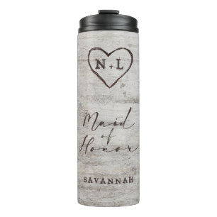 Carved Sweethearts Rustic Monogram Maid of Honour Thermal Tumbler