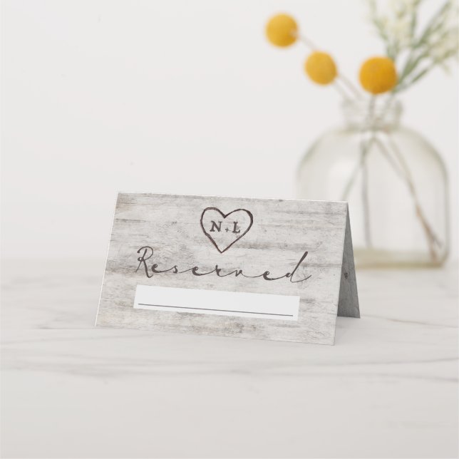 Carved Sweethearts Rustic Reserved Seating Wedding Place Card (Front)