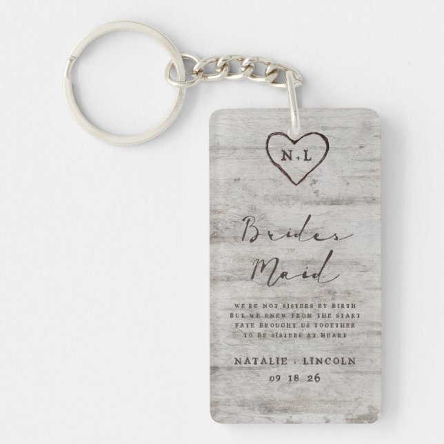 Carved Sweethearts Rustic To the Bridesmaid Quote Key Ring (Front)