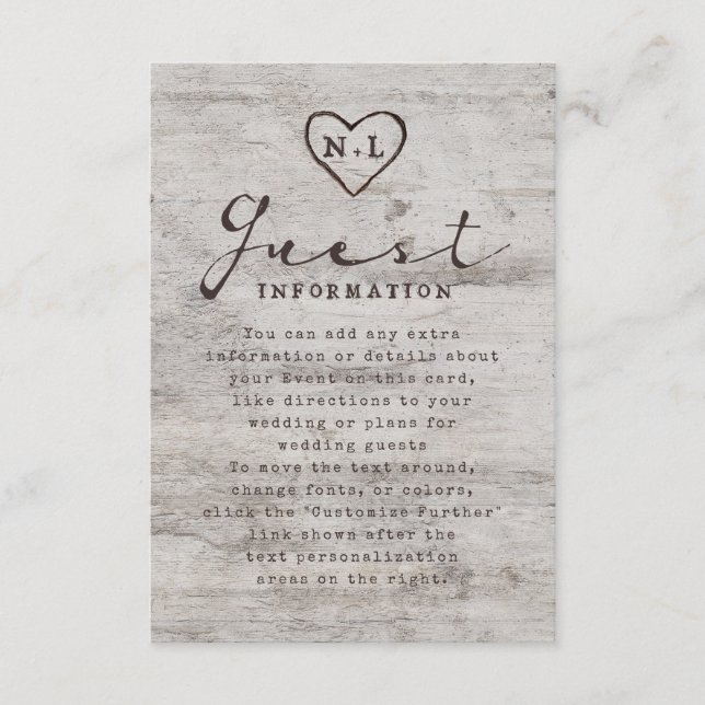 Carved Sweethearts Rustic Tree Wedding Information Enclosure Card (Front)