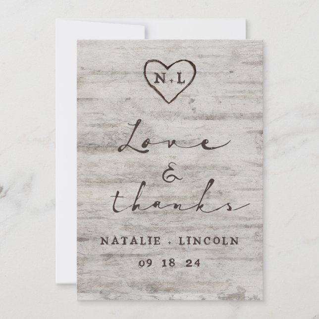 Carved Sweethearts Rustic Wedding Love and Thanks Thank You Card (Front)