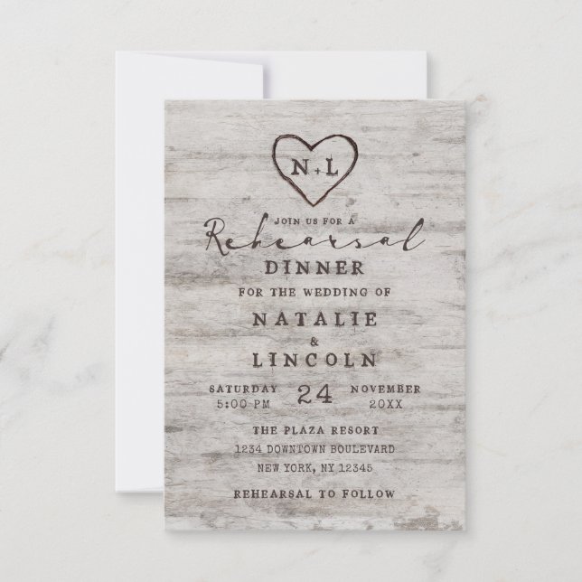 Carved Sweethearts Rustic Wedding Rehearsal Dinner Invitation (Front)