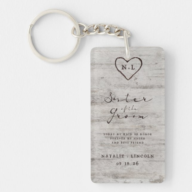 Carved Sweethearts Tree Sister of the Groom Quote Key Ring (Front)