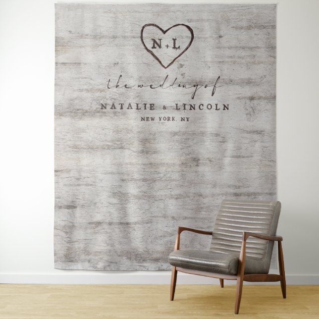 Carved Sweethearts Wedding Photo Booth Backdrop Tapestry (In Situ)