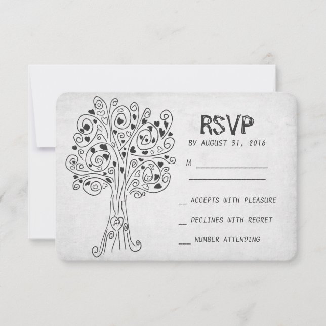 carved tree modern wedding RSVP cards (Front)