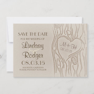 carved tree rustic save the date cards