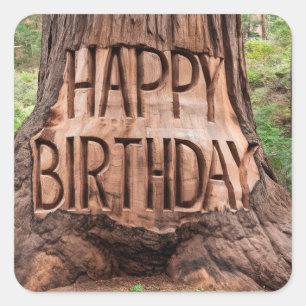 carved tree trunk happy birthday square sticker