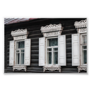 Carved Window Frames Old Log House Architecture Photo Print