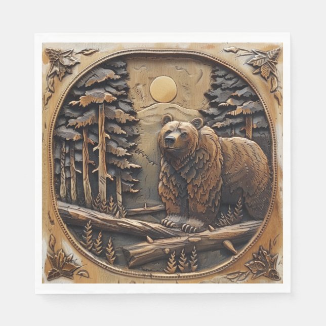 Carved Wood Bear Full Moon Pine Tree Forest Napkin (Front)