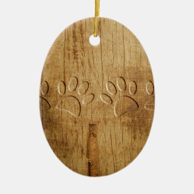 Carved Wood Dog Paw Print Ceramic Tree Decoration (Front)