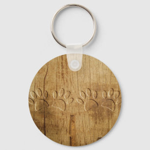 Carved Wood Dog Paw Print Key Ring
