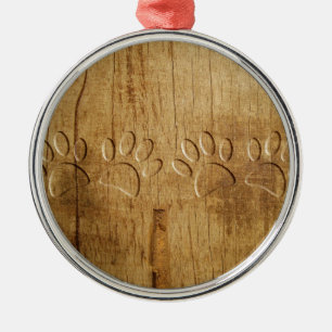 Carved Wood Dog Paw Print Metal Tree Decoration