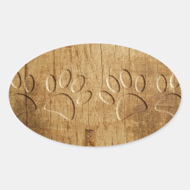 Carved Wood Dog Paw Print Oval Sticker (Front)