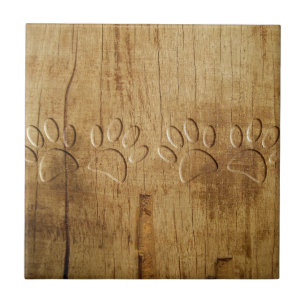Carved Wood Dog Paw Print Tile