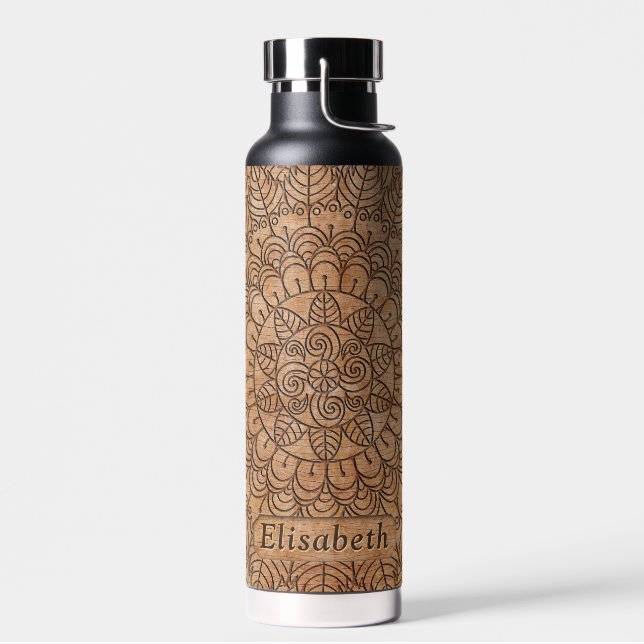 Carved Wood Floral Circles Mandala Name Water Bottle (Left)