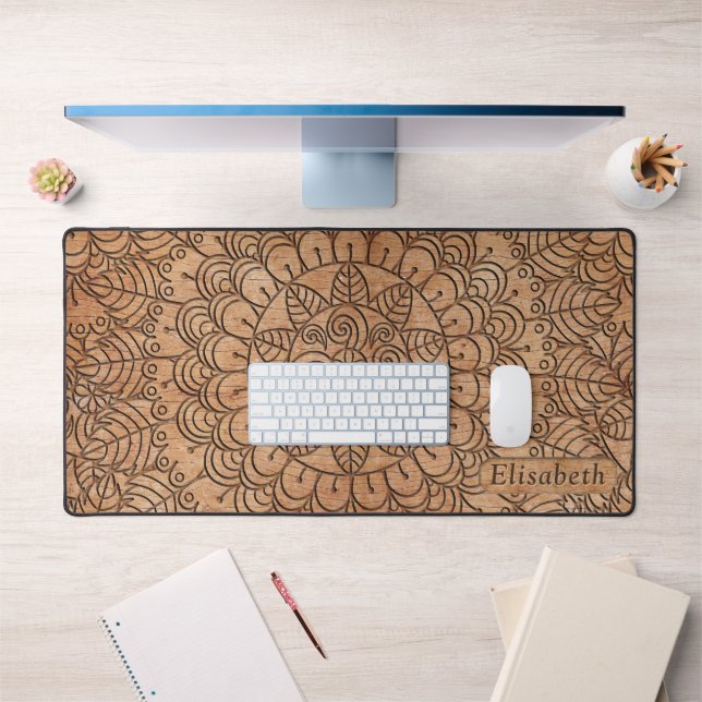 Carved Wood Floral Circles Mandala Personalised Desk Mat (Office 1)