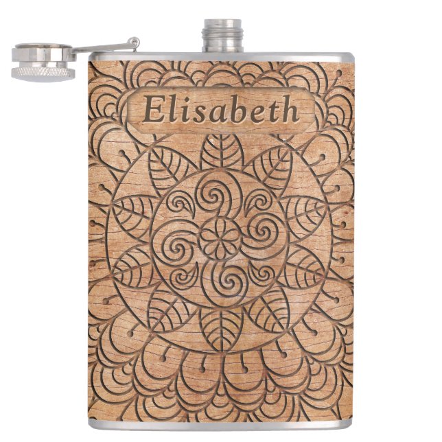 Carved Wood Floral Circles Mandala Personalised Hip Flask (Opened)