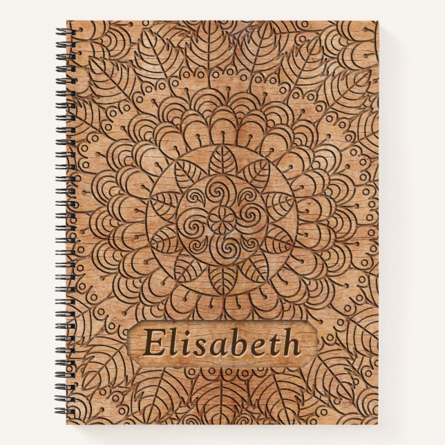 Carved Wood Floral Circles Mandala Personalised Notebook (Front)
