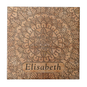 Carved Wood Floral Circles Mandala Personalised Tile