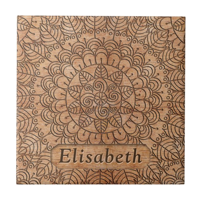 Carved Wood Floral Circles Mandala Personalised Tile (Front)