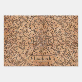 Carved Wood Floral Circles Mandala Personalised Wrapping Paper Sheet