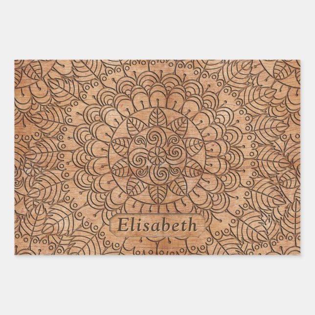 Carved Wood Floral Circles Mandala Personalised Wrapping Paper Sheet (Front)
