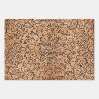 Carved Wood Floral Circles Mandalas Wrapping Paper Sheet