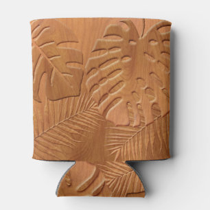 Carved Wood Foliage Faux Print Can Cooler