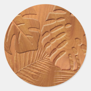 Carved Wood Foliage Faux Print Classic Round Sticker