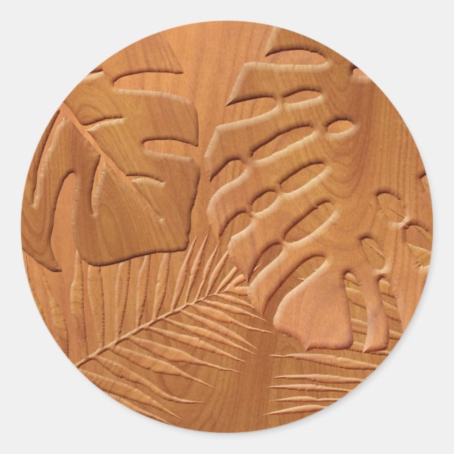 Carved Wood Foliage Faux Print Classic Round Sticker (Front)