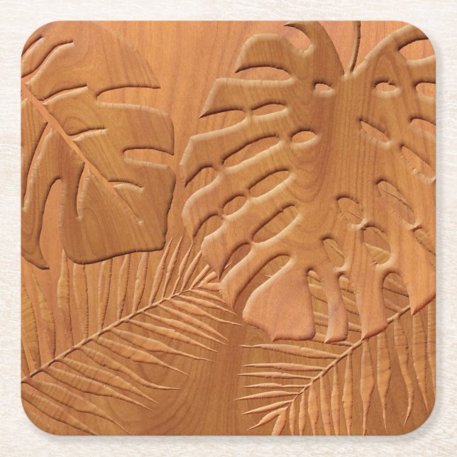 Carved Wood Foliage Faux Print Square Paper Coaster (Front)