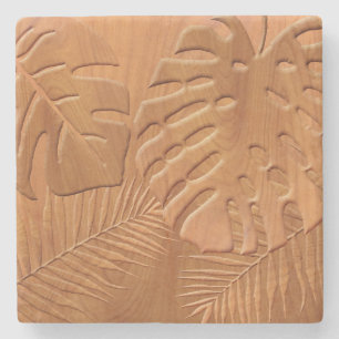 Carved Wood Foliage Faux Print Stone Coaster