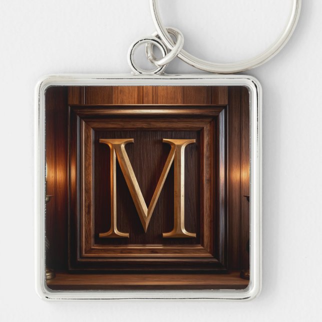 🟡 Carved Wood Gold M Monogram Classic Frame 🔑 Key Ring (Front)