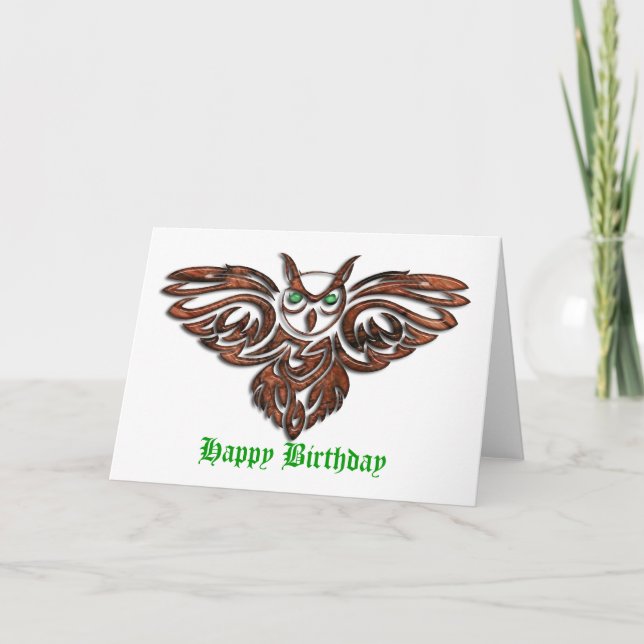 Carved Wood Horned Owl Birthday Card (Front)