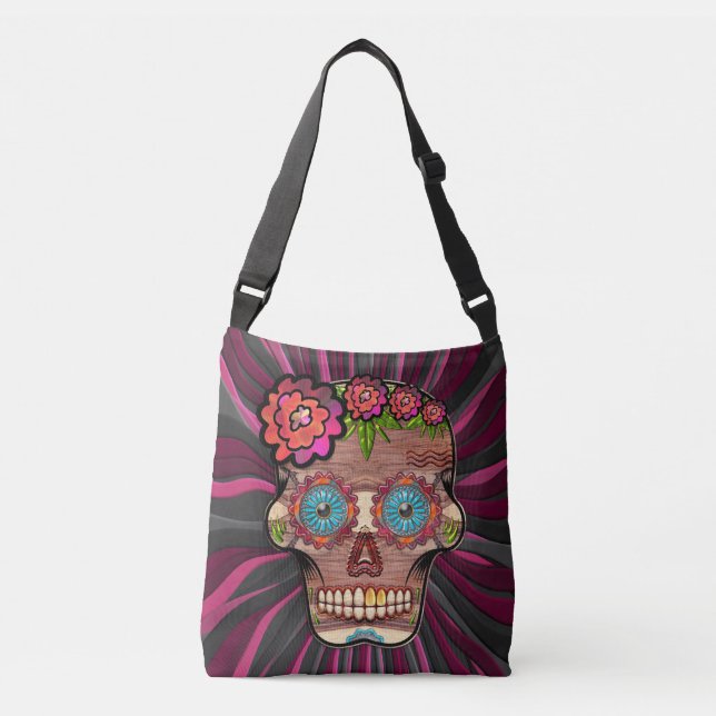 Carved-wood-look sugar skull w/ Floral Crown Crossbody Bag (Front)