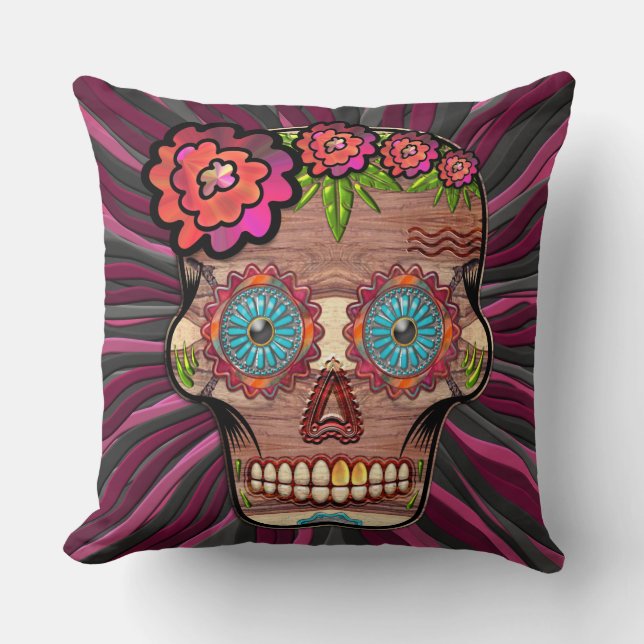 Carved-wood-look sugar skull w/ Floral Crown Cushion (Front)