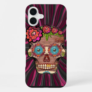 Carved-wood-look sugar skull w/ Floral Crown iPhone 16 Plus Case